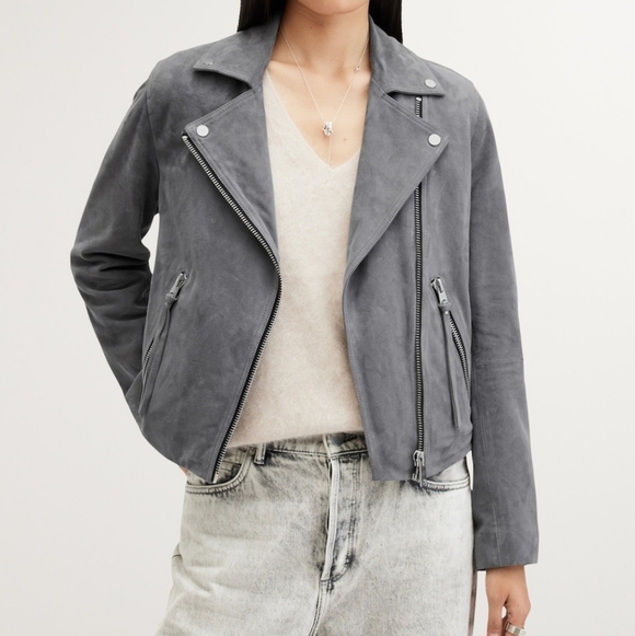All Saints  Slim Fit Dalby Biker Grey Lamb Leather Jacket SZ US 4 - Picture 2 of 16
